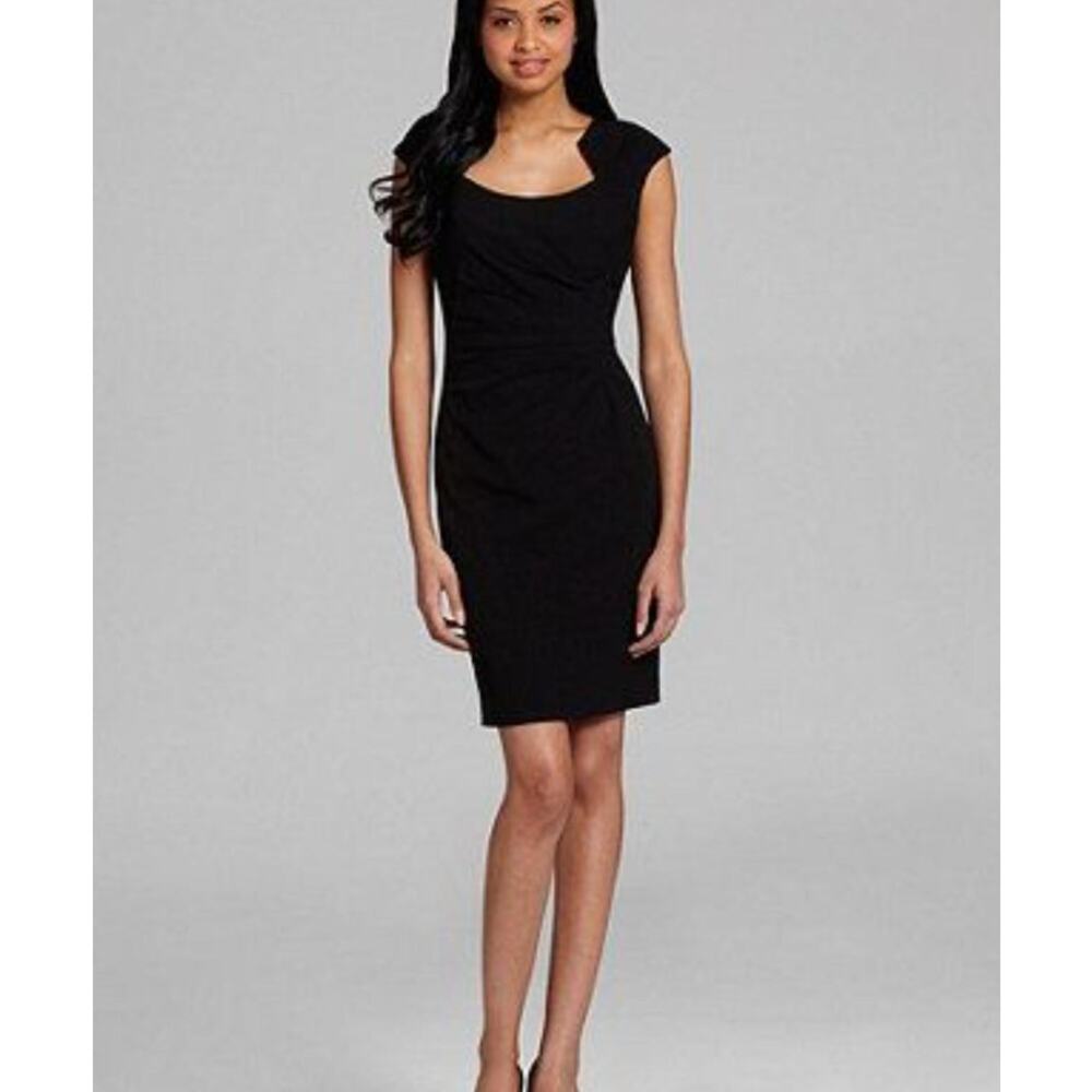 CALVIN KLEIN black classic Queen Anne neckline ruched knee length dress